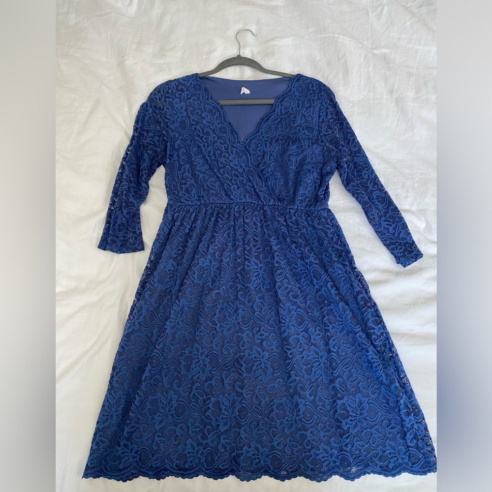 PinkBlush Blue Lace Overlay Maternity Wrap Dress